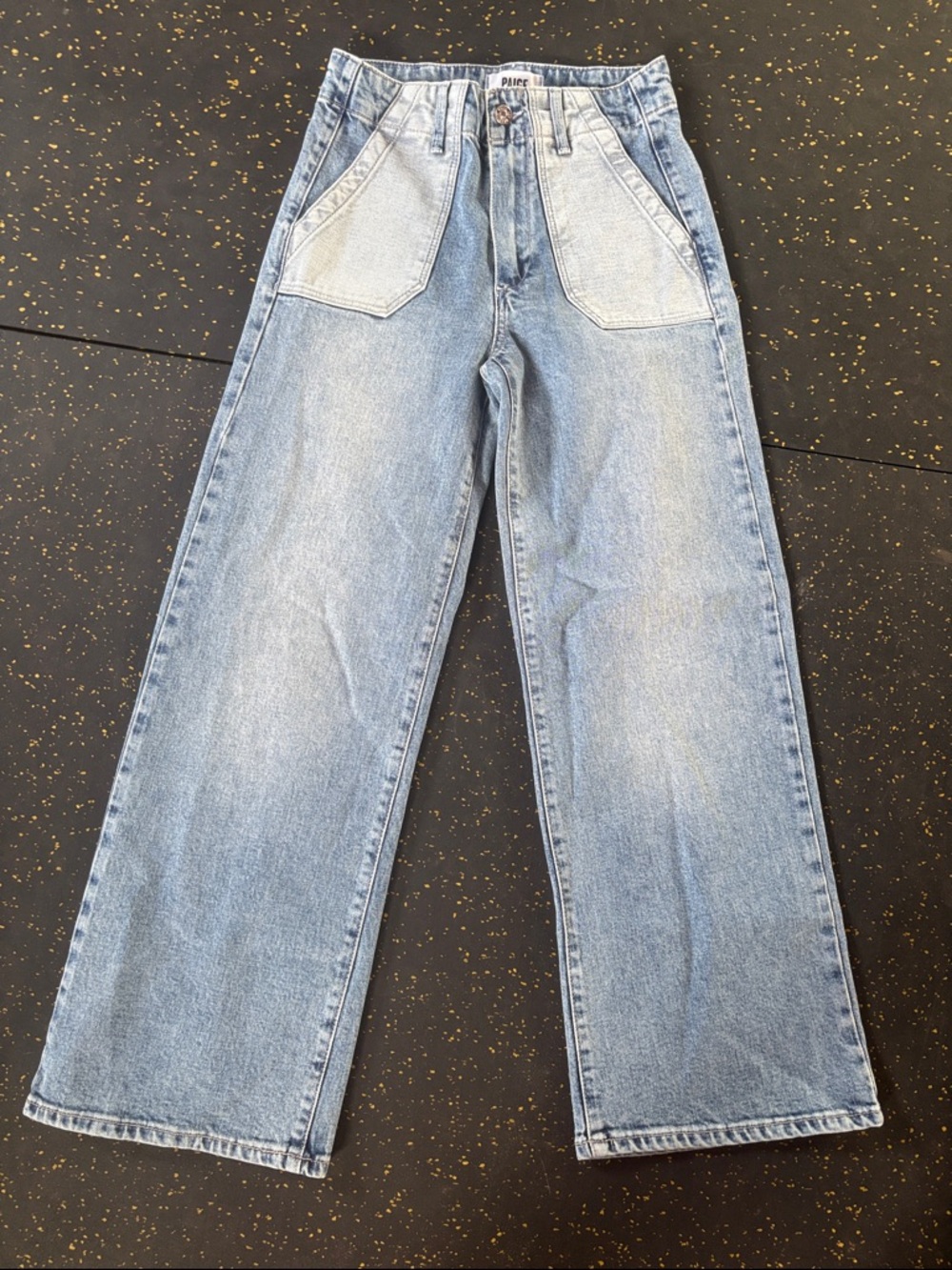 PAIGE Light Blue Wide Leg Jeans with Front Patch Pockets